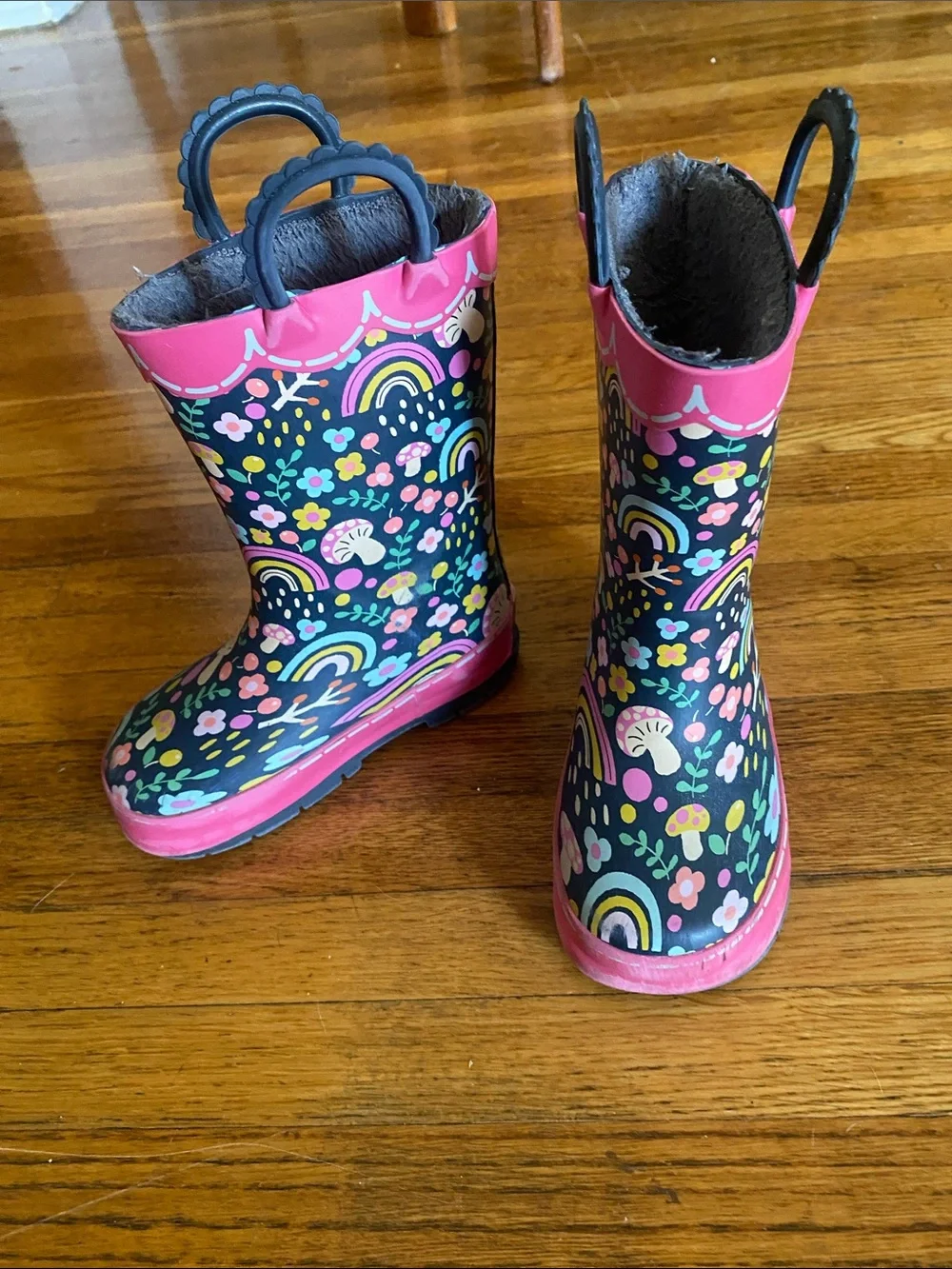 Western Chief Girls' Navy Rain Boots with Pink Floral & Rainbow Print